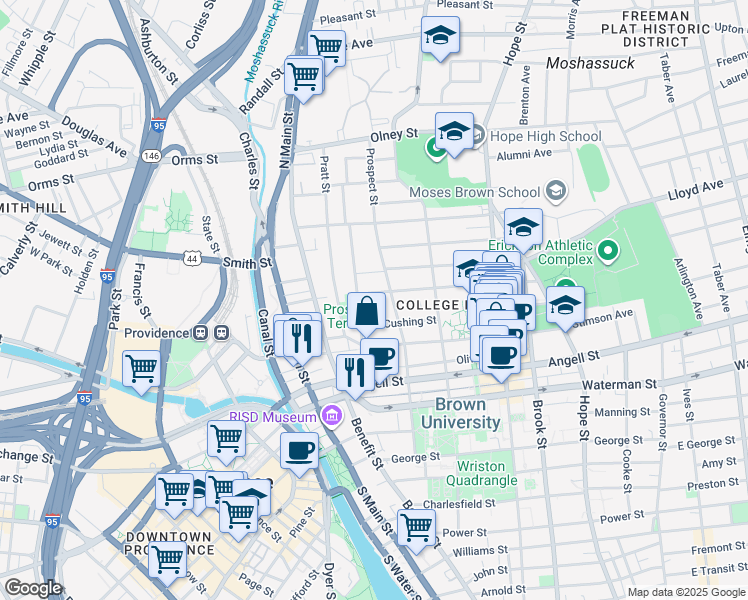 map of restaurants, bars, coffee shops, grocery stores, and more near 92 Prospect Street in Providence