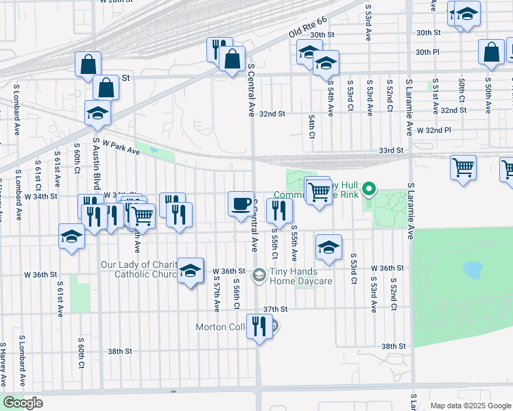 map of restaurants, bars, coffee shops, grocery stores, and more near 3406 South Central Avenue in Cicero