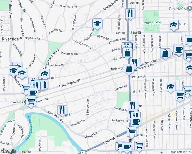 map of restaurants, bars, coffee shops, grocery stores, and more near 254 East Burlington Street in Riverside