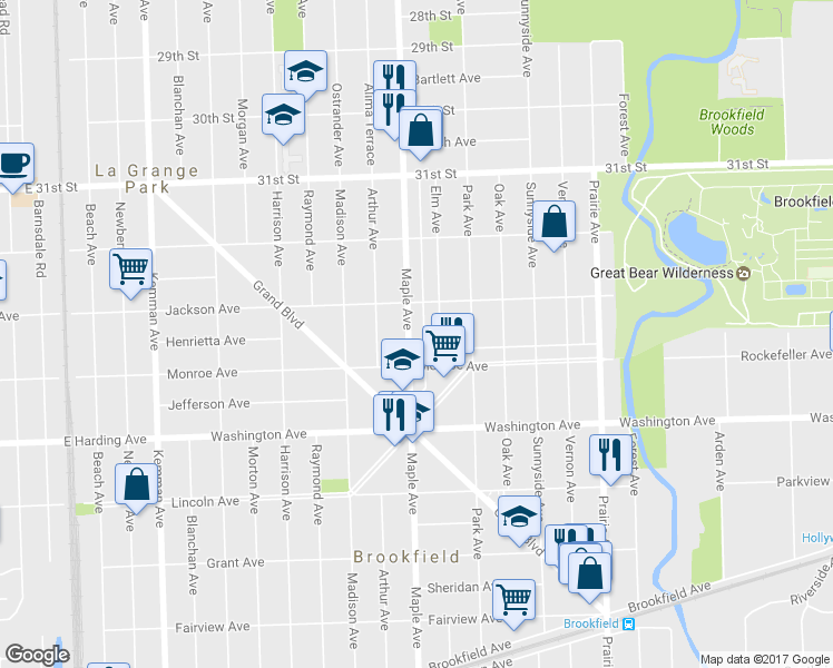 map of restaurants, bars, coffee shops, grocery stores, and more near 3318 Maple Avenue in Brookfield