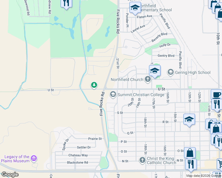 map of restaurants, bars, coffee shops, grocery stores, and more near 200531 U Street in Gering