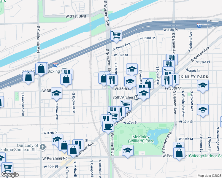 map of restaurants, bars, coffee shops, grocery stores, and more near W 35th St & S Western Blvd in Chicago