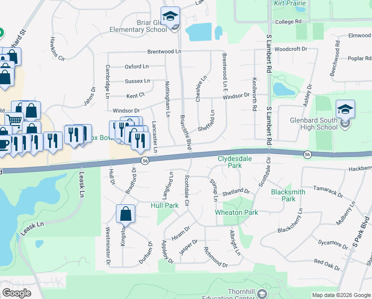 map of restaurants, bars, coffee shops, grocery stores, and more near 1580 College Lane South in Wheaton