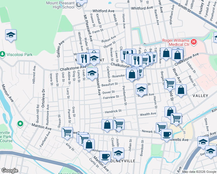 map of restaurants, bars, coffee shops, grocery stores, and more near 90 Beaufort Street in Providence