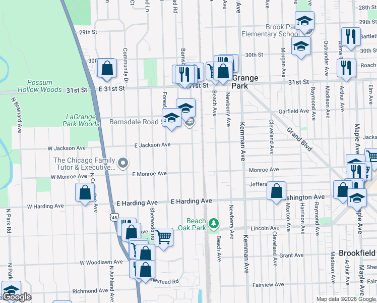 map of restaurants, bars, coffee shops, grocery stores, and more near 837 Barnsdale Road in La Grange Park