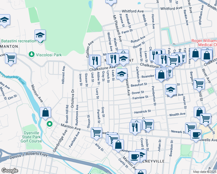 map of restaurants, bars, coffee shops, grocery stores, and more near 180 Lynch Street in Providence