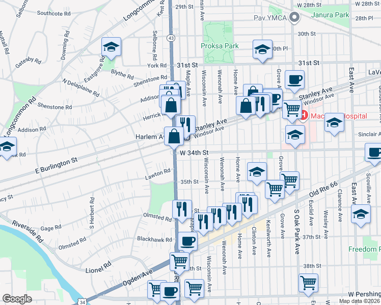map of restaurants, bars, coffee shops, grocery stores, and more near 7121 West 34th Street in Berwyn