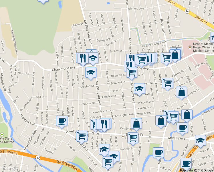map of restaurants, bars, coffee shops, grocery stores, and more near 90 Beaufort Street in Providence