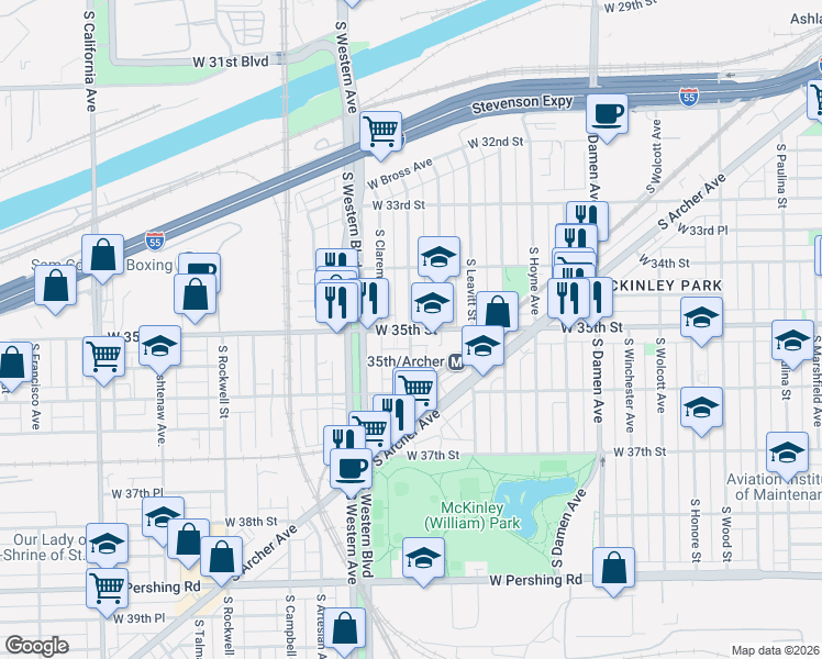 map of restaurants, bars, coffee shops, grocery stores, and more near 2298 W 35th St in Chicago