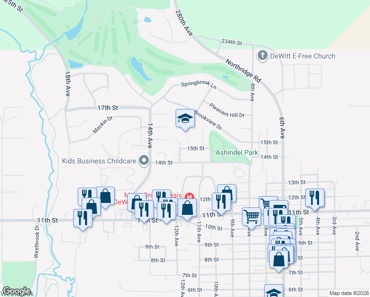 map of restaurants, bars, coffee shops, grocery stores, and more near 1048 15th Street in DeWitt