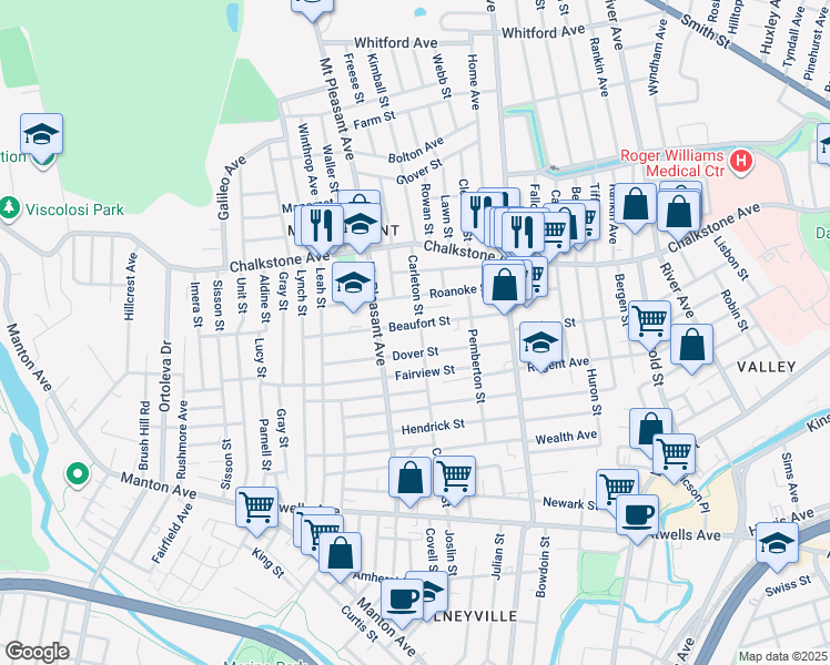 map of restaurants, bars, coffee shops, grocery stores, and more near 90 Beaufort Street in Providence