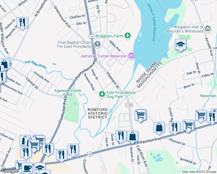 map of restaurants, bars, coffee shops, grocery stores, and more near 22 Westwood Avenue in East Providence
