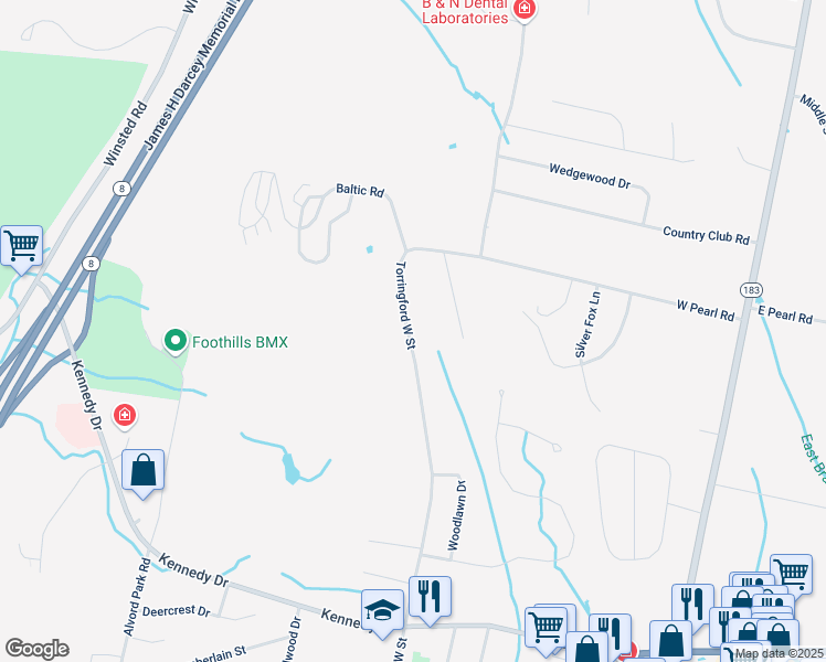 map of restaurants, bars, coffee shops, grocery stores, and more near 1180 Torringford West Street in Torrington