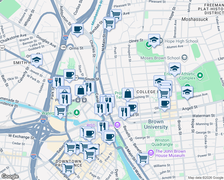 map of restaurants, bars, coffee shops, grocery stores, and more near Benefit St & Bowen St in Providence