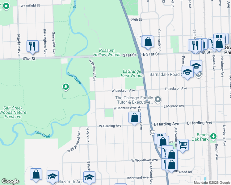map of restaurants, bars, coffee shops, grocery stores, and more near 845 North Waiola Avenue in La Grange Park