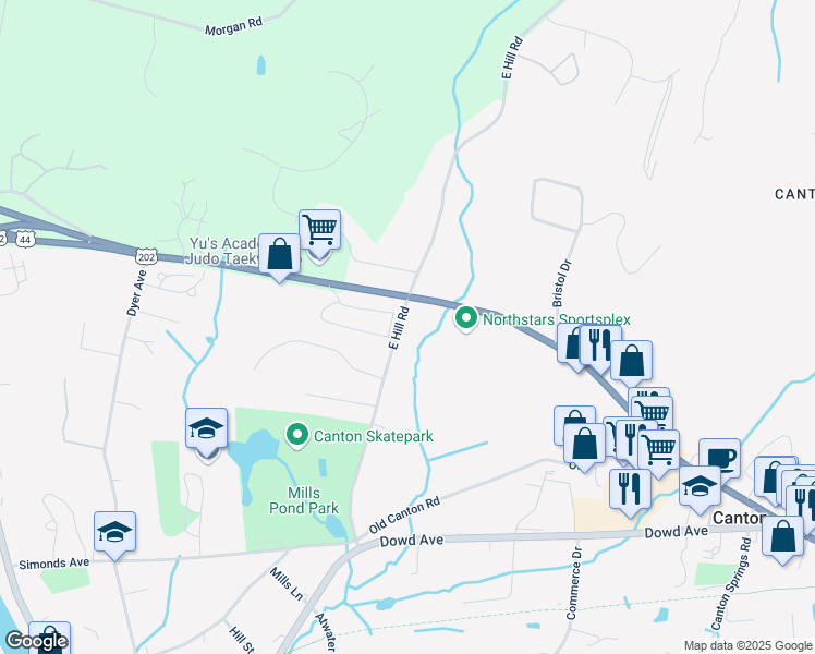 map of restaurants, bars, coffee shops, grocery stores, and more near 51 East Hill Road in Canton