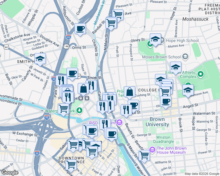 map of restaurants, bars, coffee shops, grocery stores, and more near 106 Benefit Street in Providence