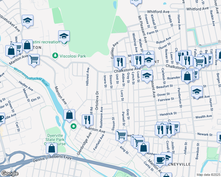 map of restaurants, bars, coffee shops, grocery stores, and more near 174 Sisson Street in Providence