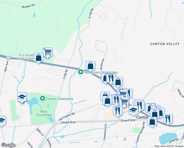 map of restaurants, bars, coffee shops, grocery stores, and more near 288 U.S. 202 in Canton