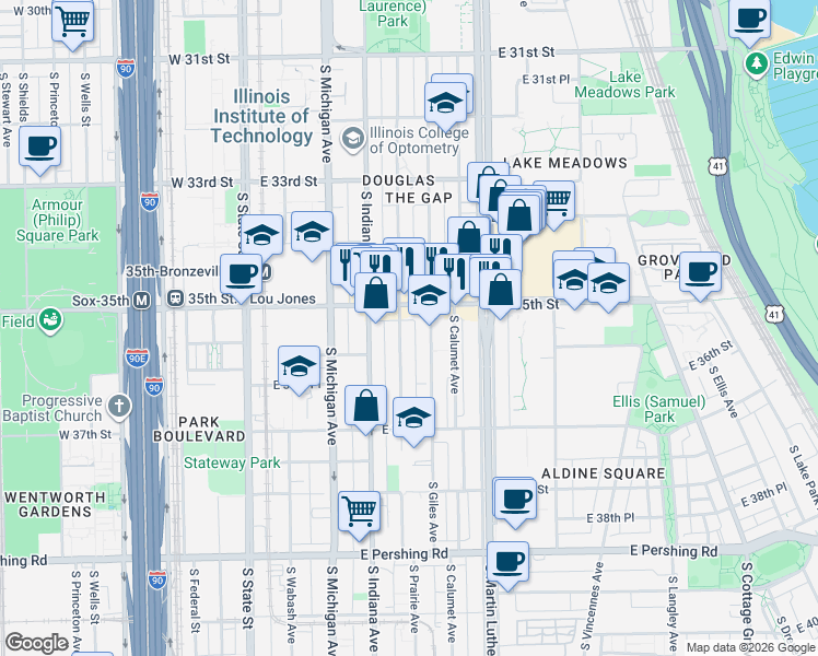 map of restaurants, bars, coffee shops, grocery stores, and more near in Chicago