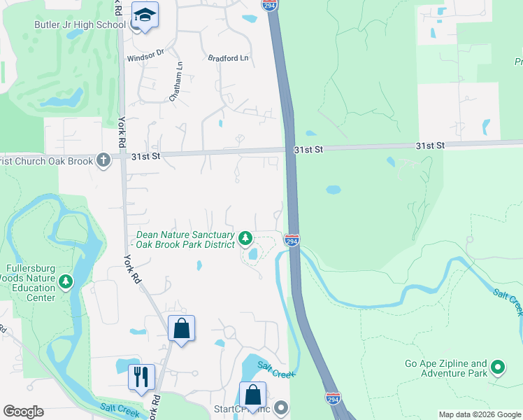 map of restaurants, bars, coffee shops, grocery stores, and more near 104 Canterberry Lane in Oak Brook