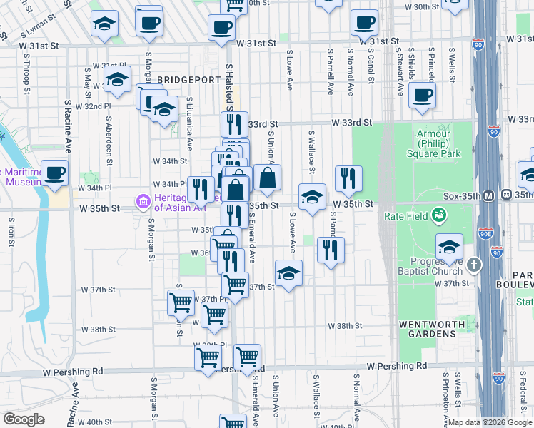 map of restaurants, bars, coffee shops, grocery stores, and more near 3505 South Union Avenue in Chicago