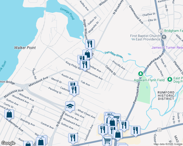 map of restaurants, bars, coffee shops, grocery stores, and more near 24 Metacomet Avenue in East Providence