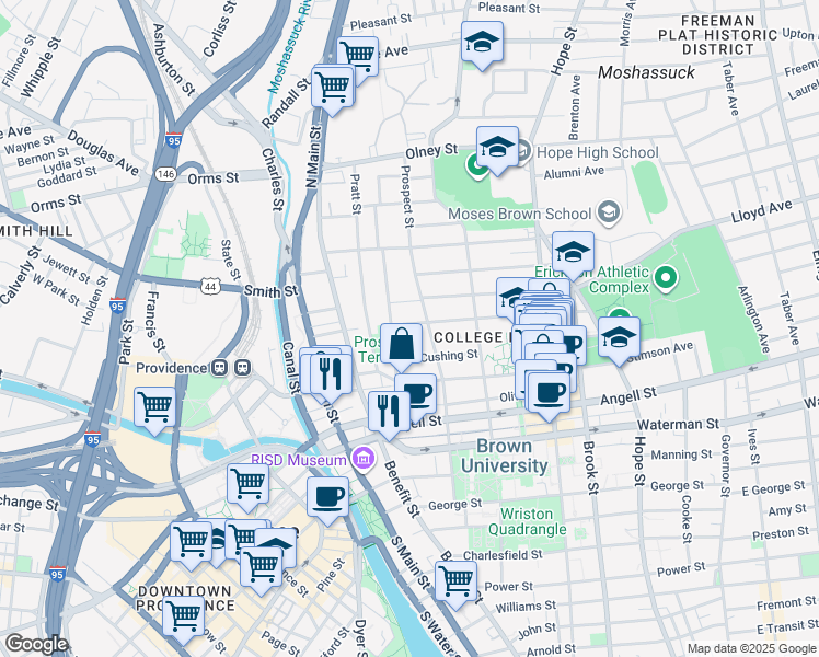 map of restaurants, bars, coffee shops, grocery stores, and more near 92 Prospect Street in Providence