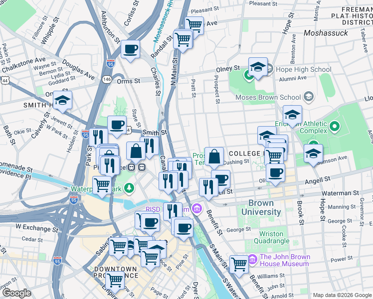 map of restaurants, bars, coffee shops, grocery stores, and more near 106 Benefit Street in Providence