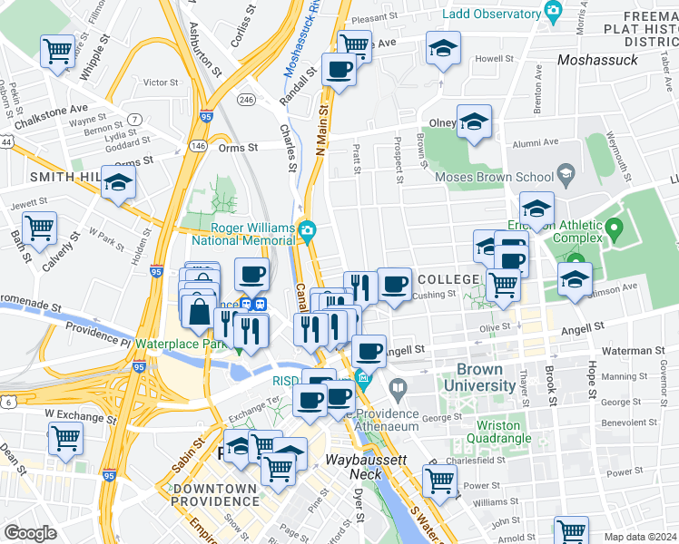 map of restaurants, bars, coffee shops, grocery stores, and more near 106 Benefit Street in Providence