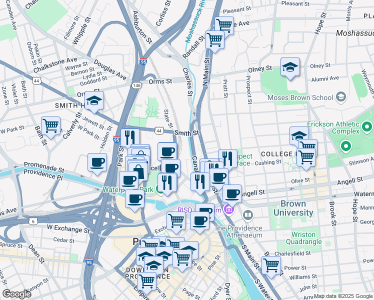 map of restaurants, bars, coffee shops, grocery stores, and more near 10 Park Row West in Providence