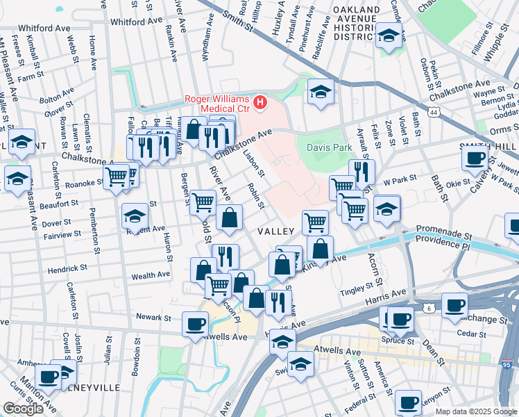 map of restaurants, bars, coffee shops, grocery stores, and more near 64 Regent Avenue in Providence