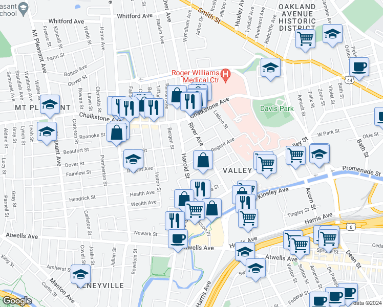 map of restaurants, bars, coffee shops, grocery stores, and more near 102 River Avenue in Providence