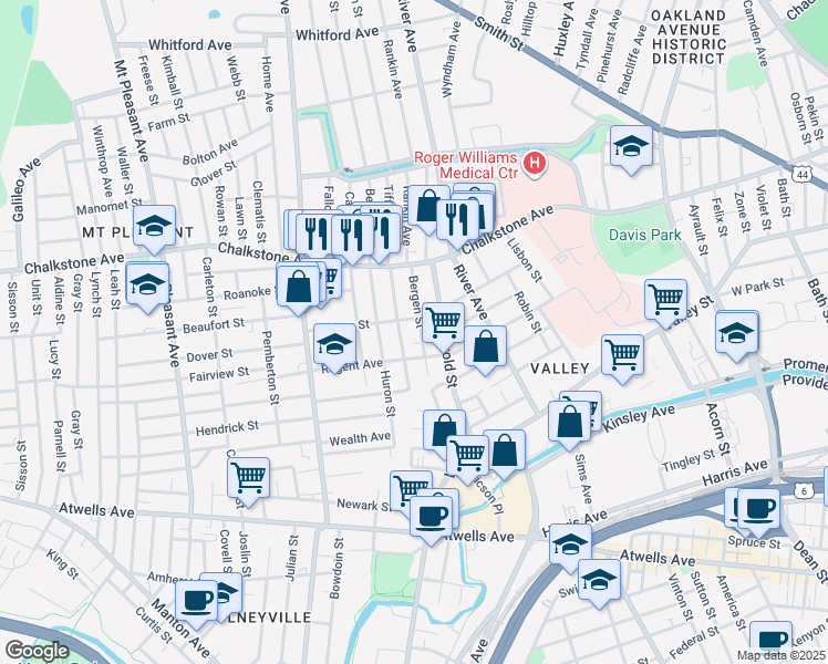 map of restaurants, bars, coffee shops, grocery stores, and more near 14 Andem Street in Providence