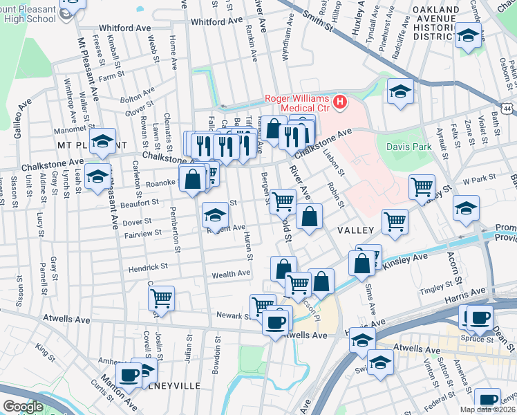 map of restaurants, bars, coffee shops, grocery stores, and more near 14 Andem Street in Providence