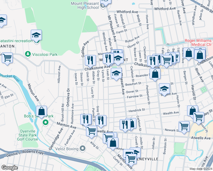 map of restaurants, bars, coffee shops, grocery stores, and more near 180 Lynch Street in Providence