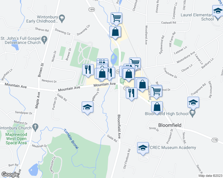 map of restaurants, bars, coffee shops, grocery stores, and more near 3 Mountain Avenue in Bloomfield