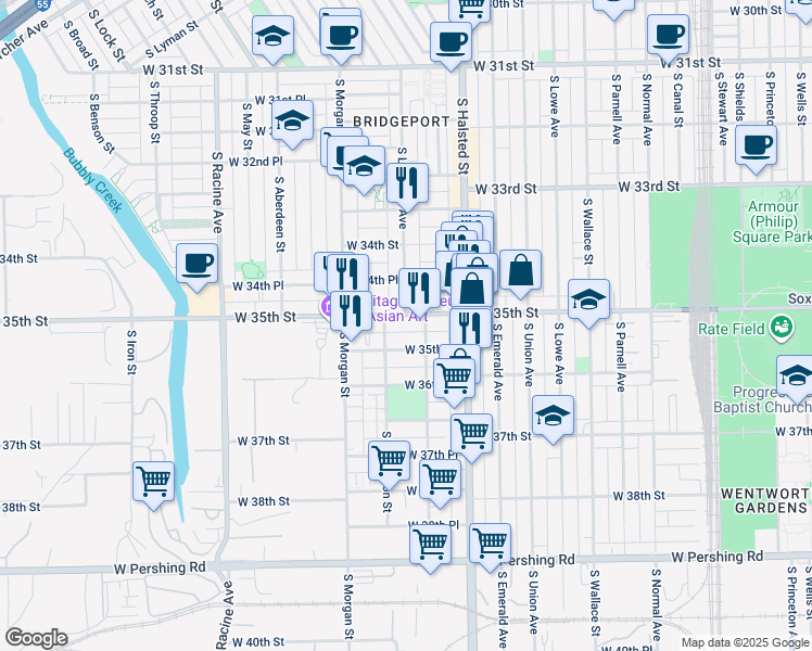 map of restaurants, bars, coffee shops, grocery stores, and more near 901-903 West 35th Place in Chicago