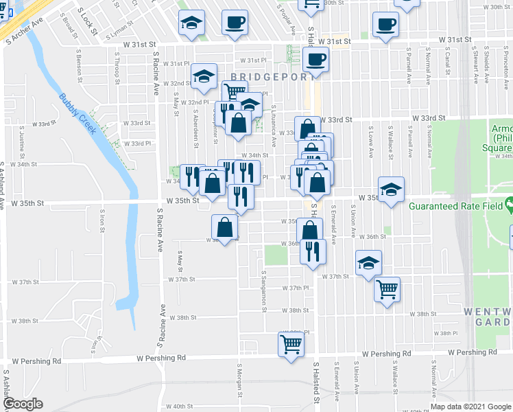 map of restaurants, bars, coffee shops, grocery stores, and more near 3500 South Sangamon Street in Chicago