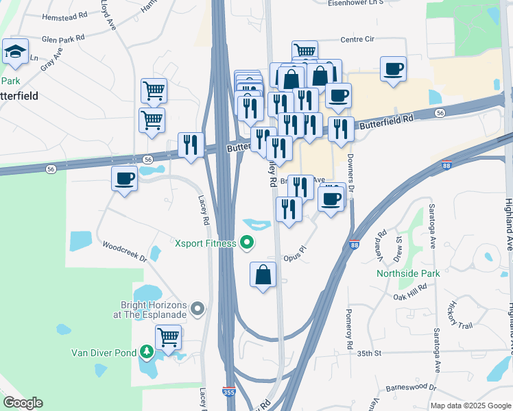 map of restaurants, bars, coffee shops, grocery stores, and more near 3150 Finley Road in Downers Grove