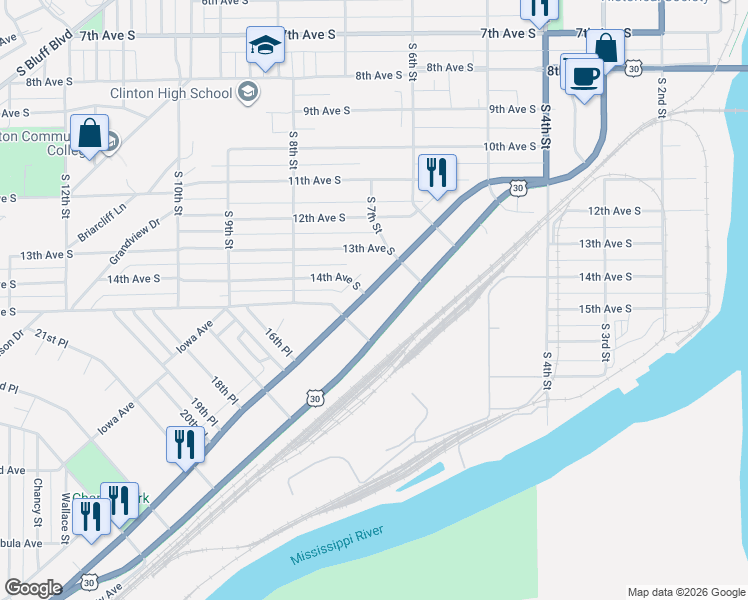 map of restaurants, bars, coffee shops, grocery stores, and more near 1403 Camanche Avenue in Clinton