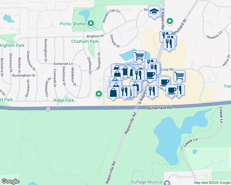 map of restaurants, bars, coffee shops, grocery stores, and more near 112 Danada Square West in Wheaton