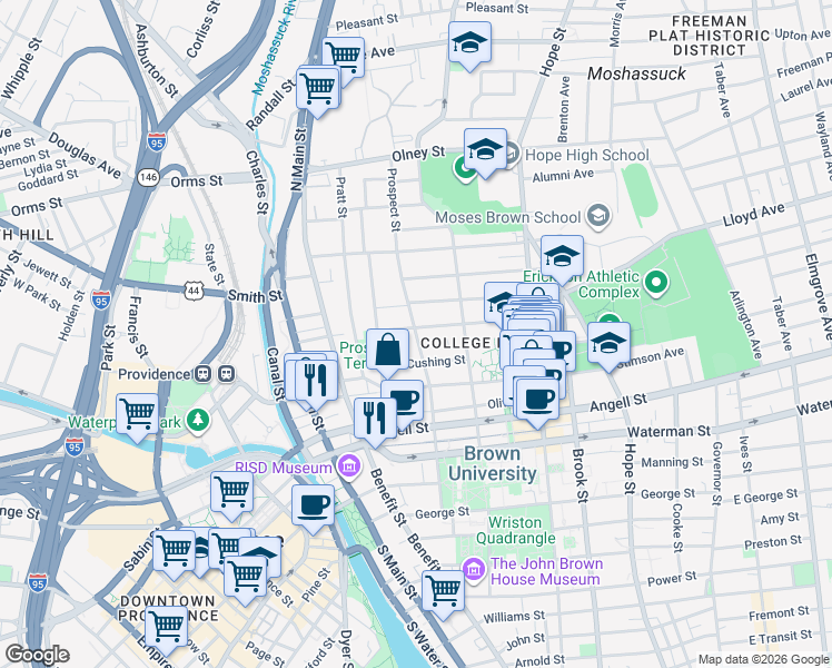 map of restaurants, bars, coffee shops, grocery stores, and more near Prospect Street in Providence
