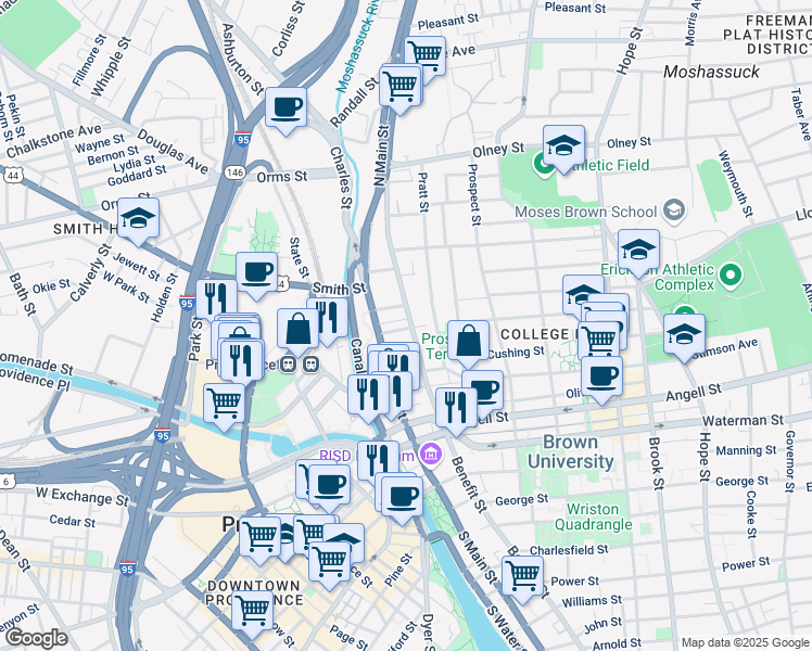 map of restaurants, bars, coffee shops, grocery stores, and more near 110 Benefit Street in Providence