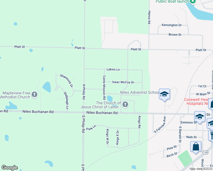 map of restaurants, bars, coffee shops, grocery stores, and more near 1518 Isaac McCoy Drive in Niles