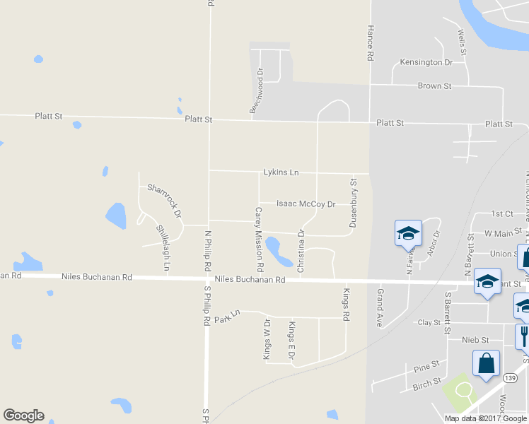 map of restaurants, bars, coffee shops, grocery stores, and more near 1518 Isaac McCoy Drive in Niles