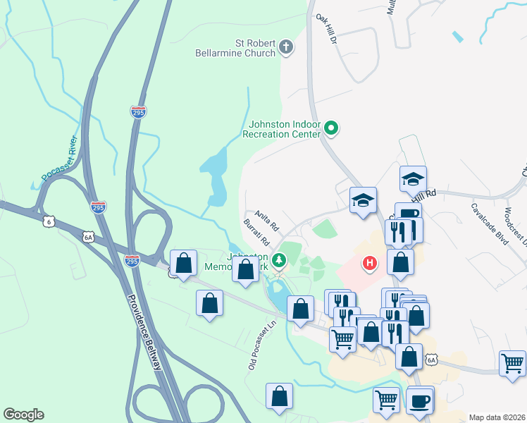 map of restaurants, bars, coffee shops, grocery stores, and more near 17 Anita Rd in Johnston