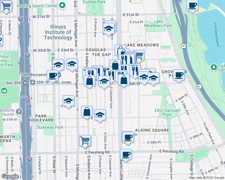 map of restaurants, bars, coffee shops, grocery stores, and more near 3519 South Calumet Avenue in Chicago
