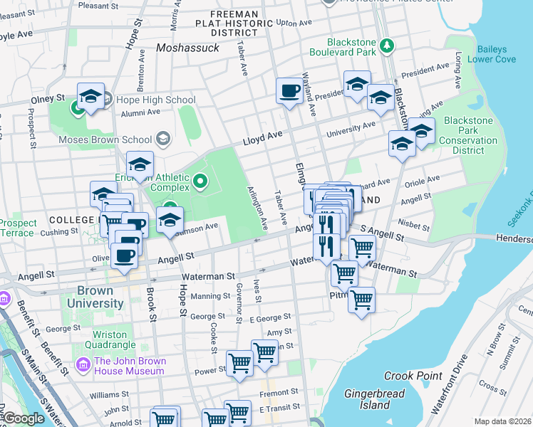 map of restaurants, bars, coffee shops, grocery stores, and more near 21 Arlington Avenue in Providence