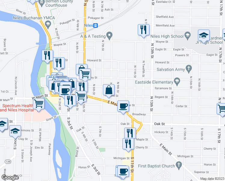 map of restaurants, bars, coffee shops, grocery stores, and more near 215 North 8th Street in Niles
